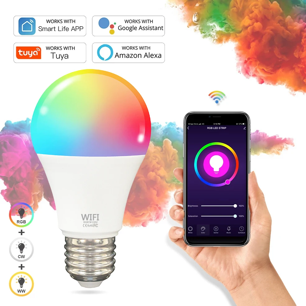 

Tuya Smart светильник лампа Wi-Fi лампы, 12 Вт, 15 Вт, Цвет изменение цветная (RGB) Светодиодная лампа e27 110V 220V приложение пульт дистанционного управлени...
