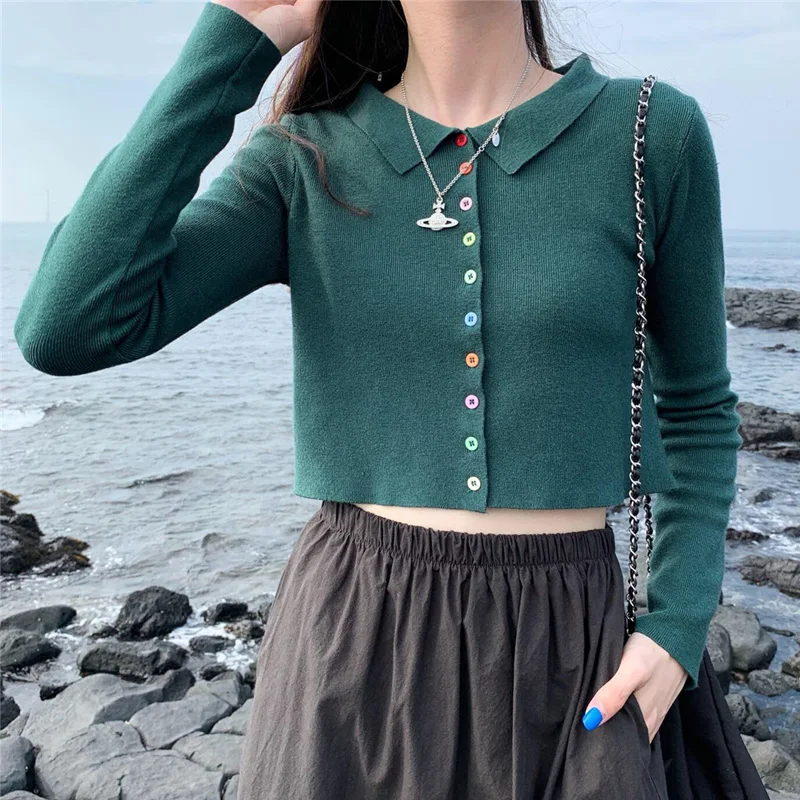 

Women Knitted Casual Sweaters Cardigans Lady Full Sleeve Colorful Buttons Turn-down Collar Cardigan Crop Top for Female
