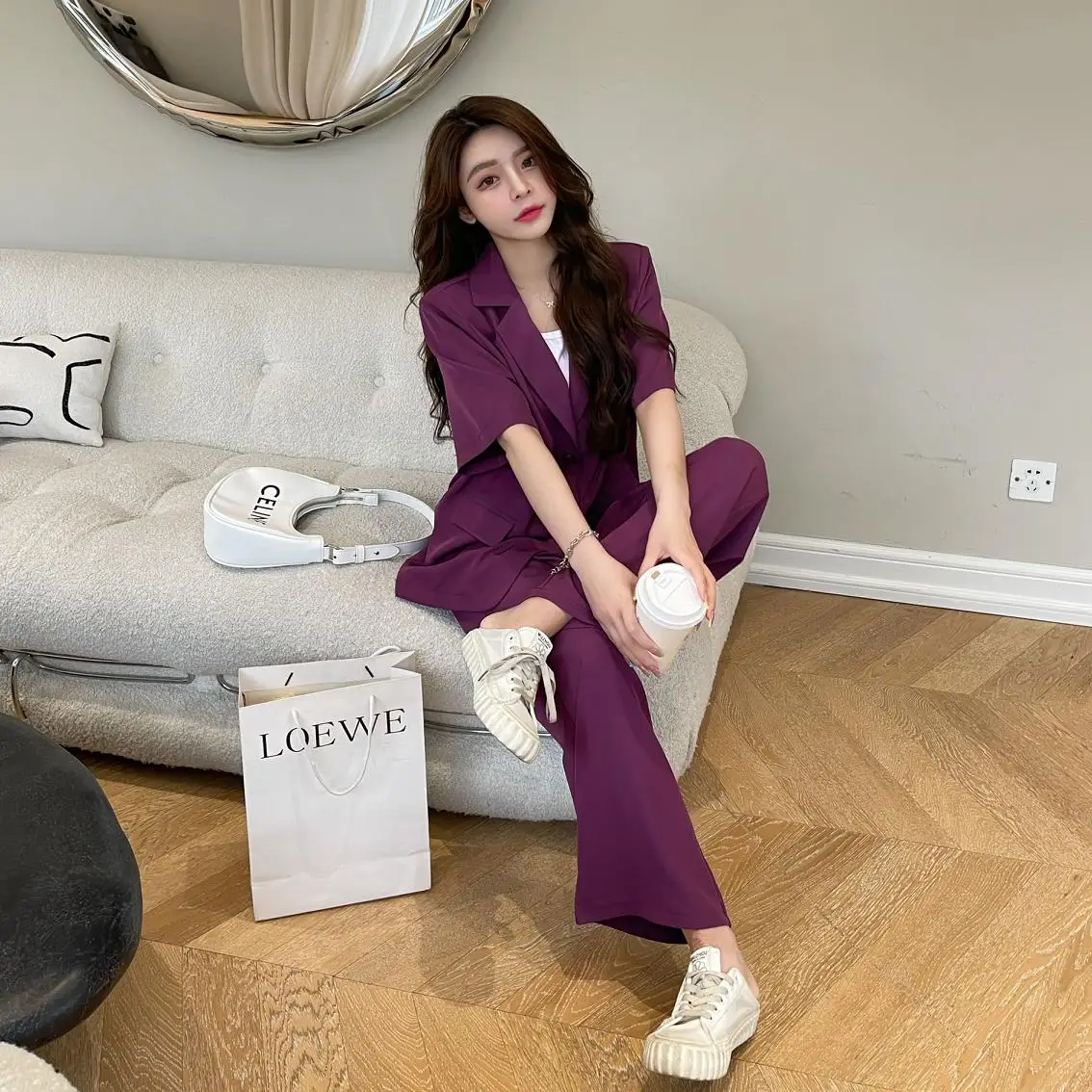 

Summer Loose Purple Women's Office Pantsuit Korean Clothing Casual Short-Sleeved Blazer High Waist Wide-Leg Pants Free Shipping