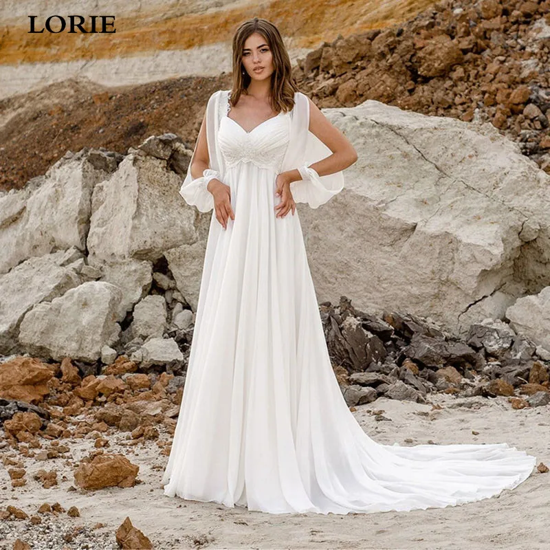 

LORIE Ivory Beach Wedding Dresses V-Neck Chiffon A-Line Elegant Wedding Gown Lace Country Bridal Dress vestido novia