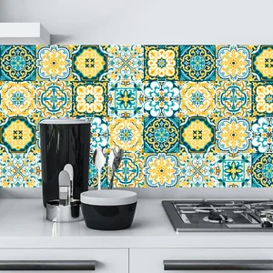 Желтые и синие цветочные орнаменты, керамическая плитка, настенная наклейка, раковина, искусство, настенная роспись