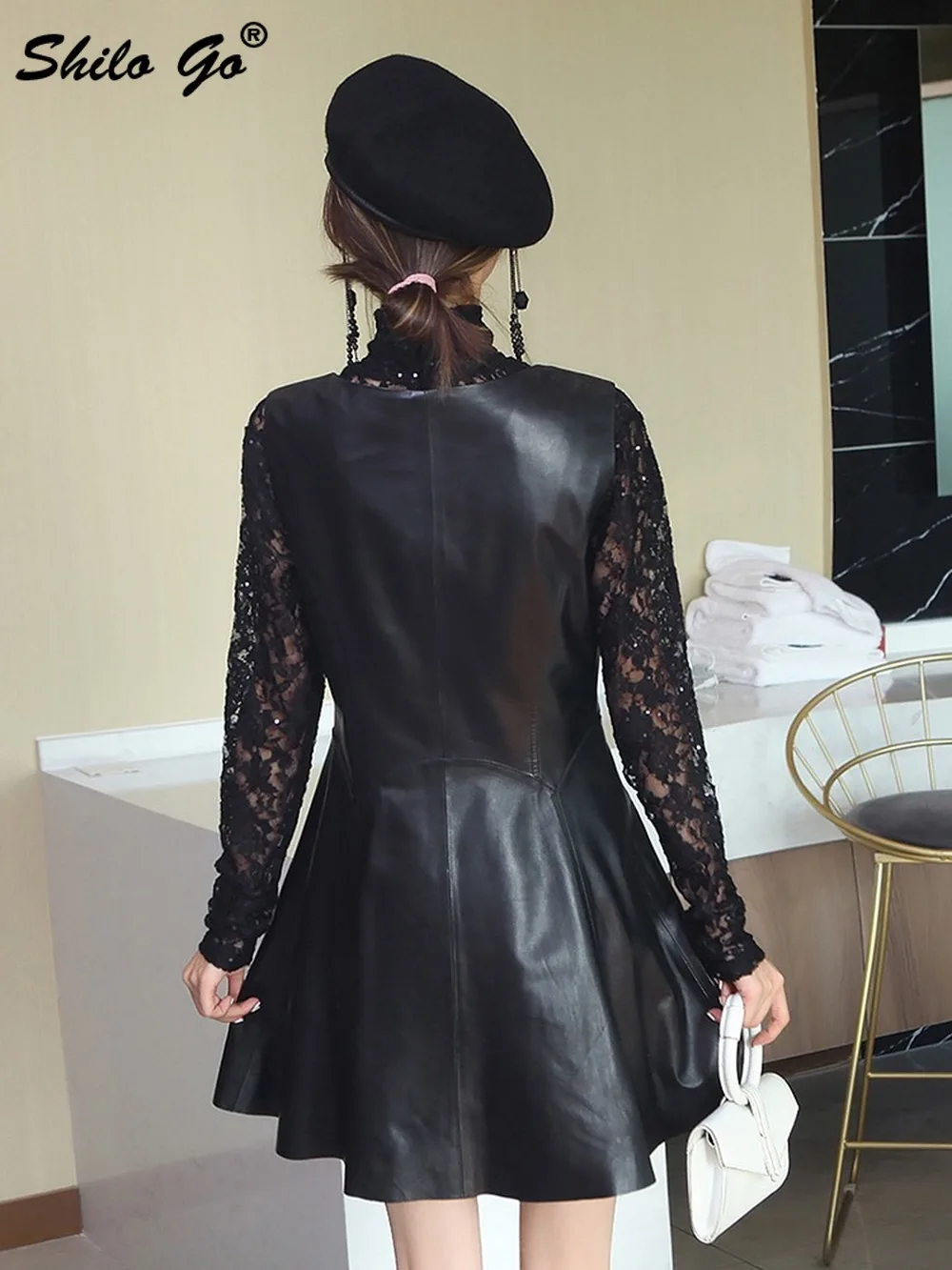 

Elegant V Neck Zip Front Sleeveless Fit and Flare Solid A Line Dress Women Streetwear Glamorous Sheepskin Genuine Leather Dress