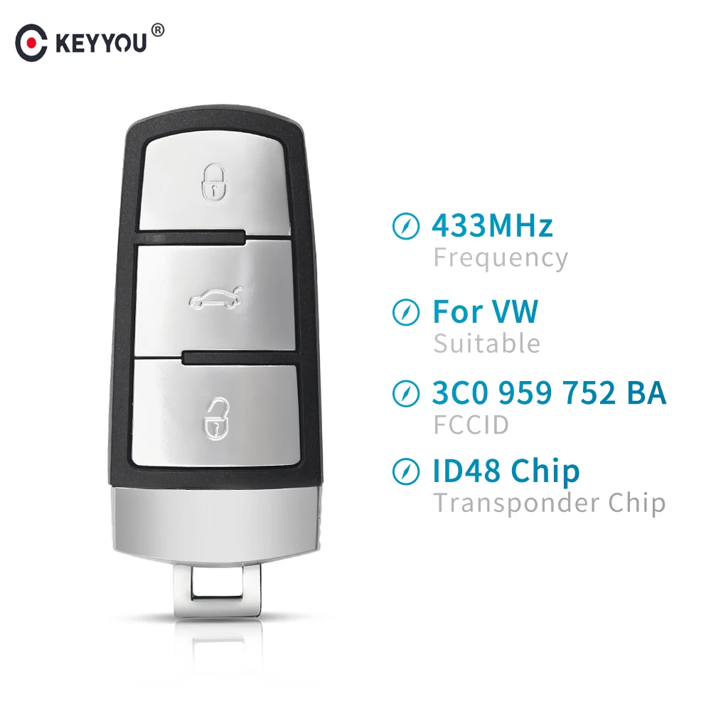 KEYYOU 3 кнопки без ключа 433 МГц ID48 Автомобильный Дистанционный ключ 3C0 959 752 BA для VW Passat CC автомобильный ключ для входа Fob ЗАМЕНА чехол