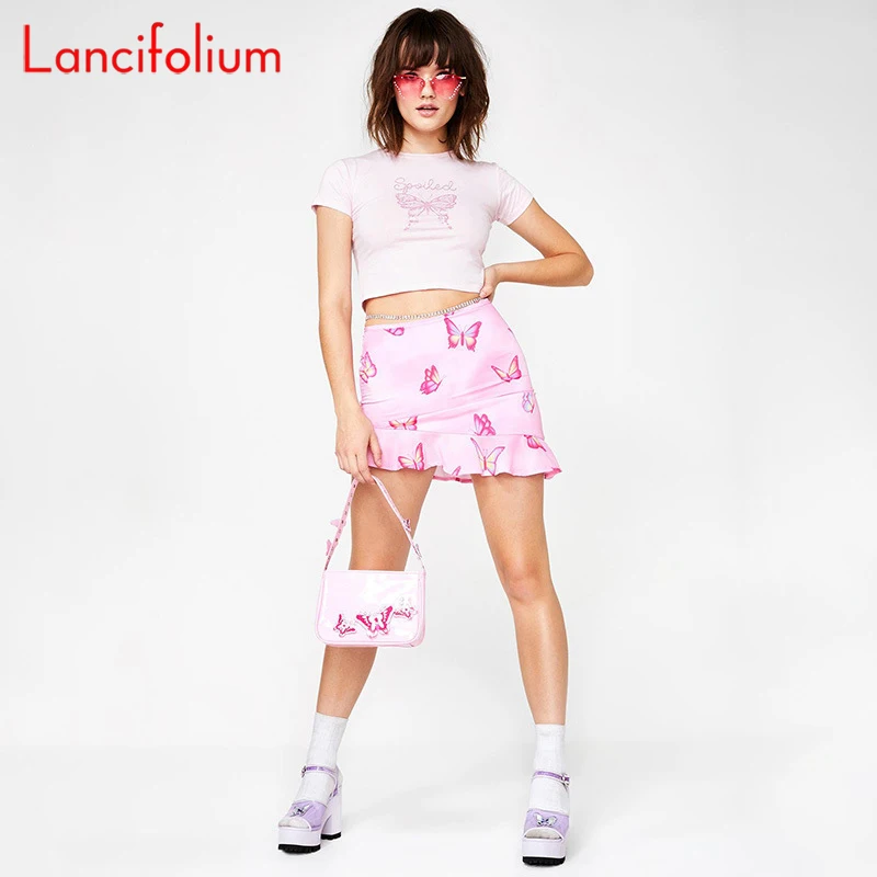 Sexy Pink Crop Top Women Summer Butterfly Graphic Letter T Shirt Ladies Baddie Egirl Tee Harajuku Cute Cropped 2020 | Женская одежда