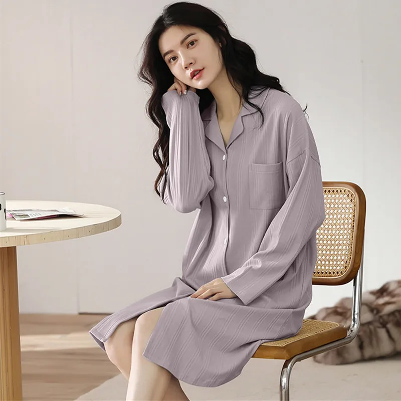 

100 Kg Wear Fat MM Home Clothing New Lapel Cardigan Dress Plus Size Lounge Nightshirt Women Spring Fall Long Sleeve Nightgowns