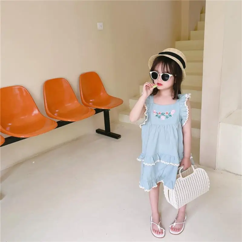 

2021 Girls Summer Embroidered Dress Baby Girl Cute Dress Children One Piece Robe Kids Ruffles Sleeve A-Line Dresses Girls Outfit