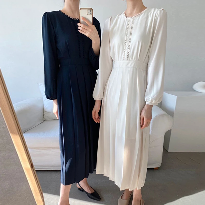 

2021 Autumn Lace O Neck Full Solid Slim Mid-long Straight Office Lady Dresses for Women U487