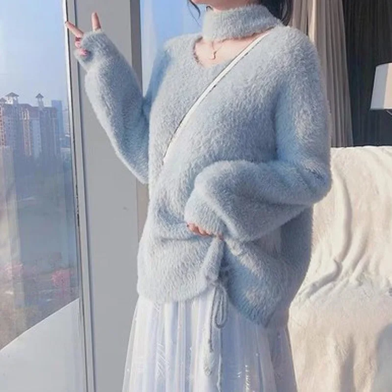 

2021 New Arrivals Women 2 Piece Sets Long Sleeve Solid Color Halter Sweater & Mesh Dandelion Skirt Elegant Female Fashion Sets