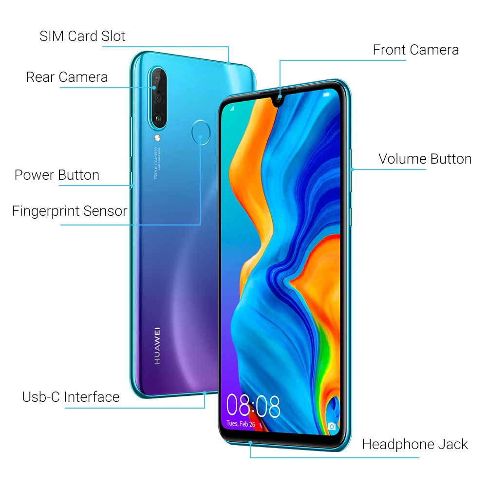 Глобальная версия HUAWEI P30 Lite Nova 4e смартфон 4G 128G 6,1" полноэкранный Android 9,0 Kirin 710 Восьмиядерный 4* камеры