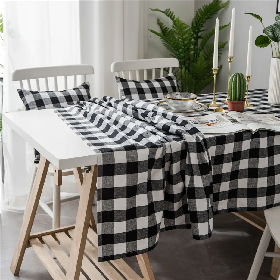 Рождественская белая черная клетчатая скатерть из хлопка и льна прямоугольная
