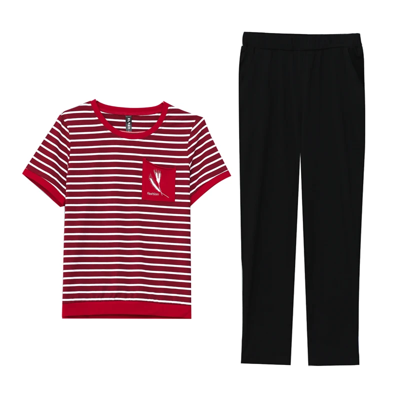 

Fashion Plus Size Short Sleeved Striped T Shirt Two Piece Set Women Sports Red Brown Black Clothes