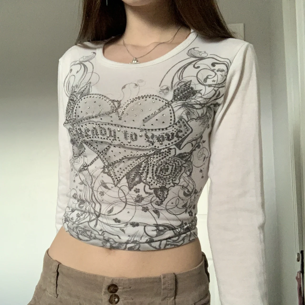 

Graphic Print Crop Top 2021 Autumn y2k Long Sleeve Slim Fit Tees Women Fairy Grunge Vintage White Crop Top