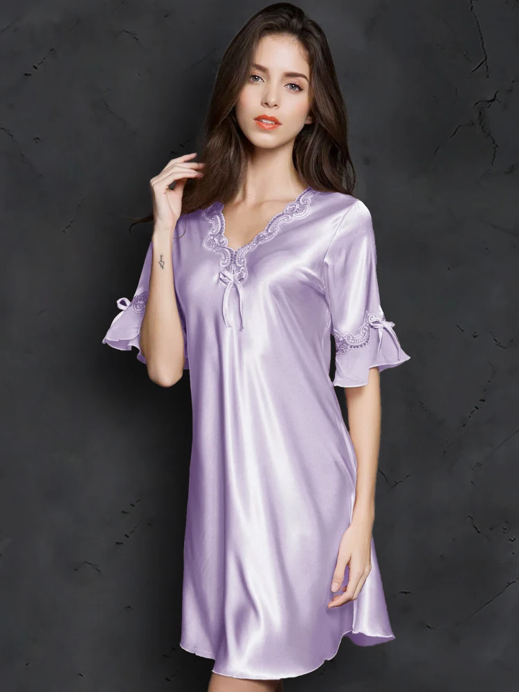 Ночная рубашка с v образным вырезом шелковая ночная коротким рукавом и кружевной