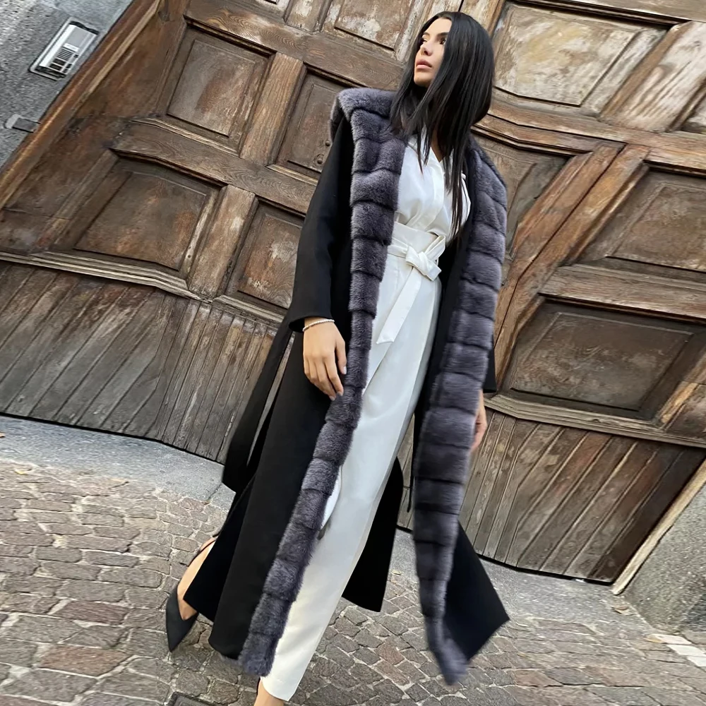 

Winter Fashion Real Mink Fur Cashmere Coat with Hood Full Pelt Genuine Mink Fur Wool Blends Overcoat Luxury Woman Natural Outfit