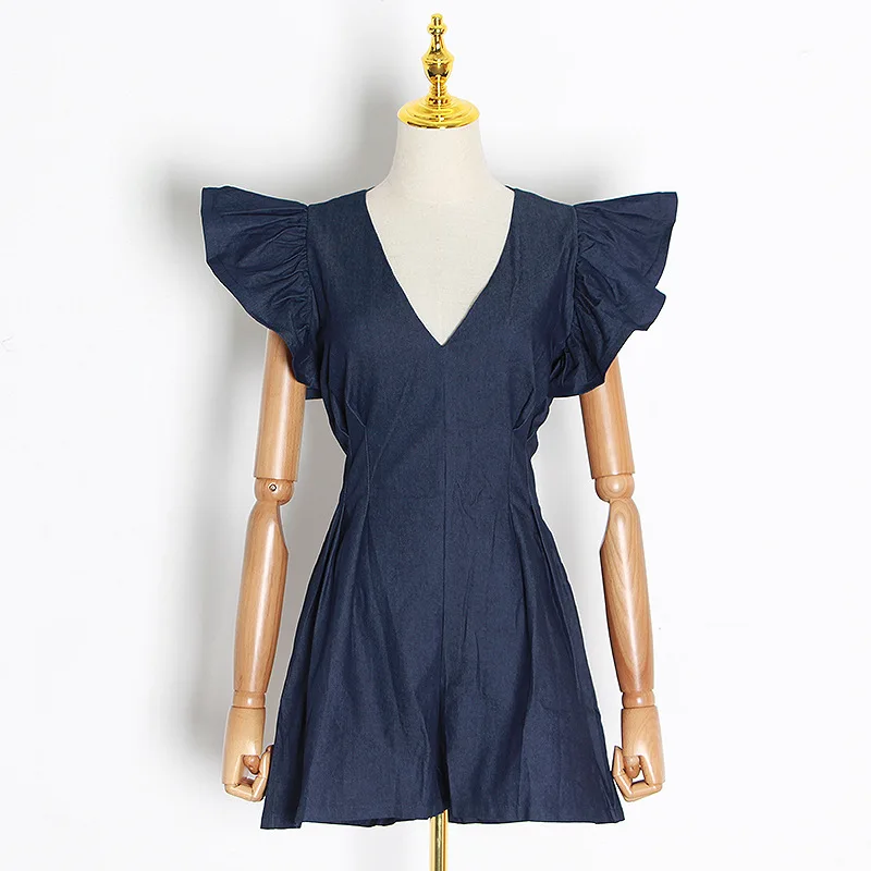 

Sexy Deep V-neck Chic Ruffles Sleeveless Design Women Jumpsuits Fashion Solid Silm Waist Feminino Rompers Wide Leg Playsuits