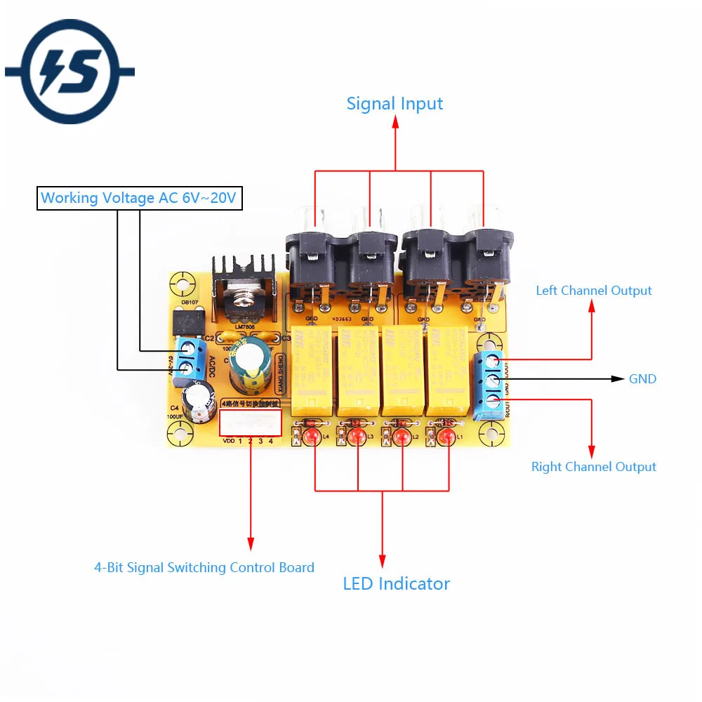 4 битная 8 канальная аудиосигнальная коммутационная плата RCA для модуля усилителя