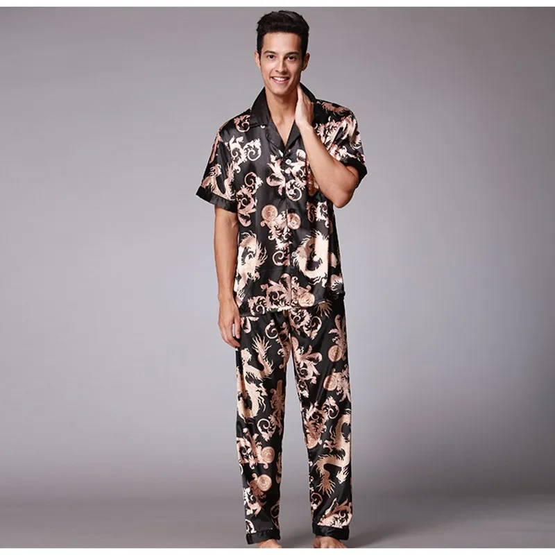 Men's Stain Sleepwear Sets Summer Silk Pajamas for Men Short Sleeve T-Shirt Trousers Homewear Blue Gray Black Nightwear for Men