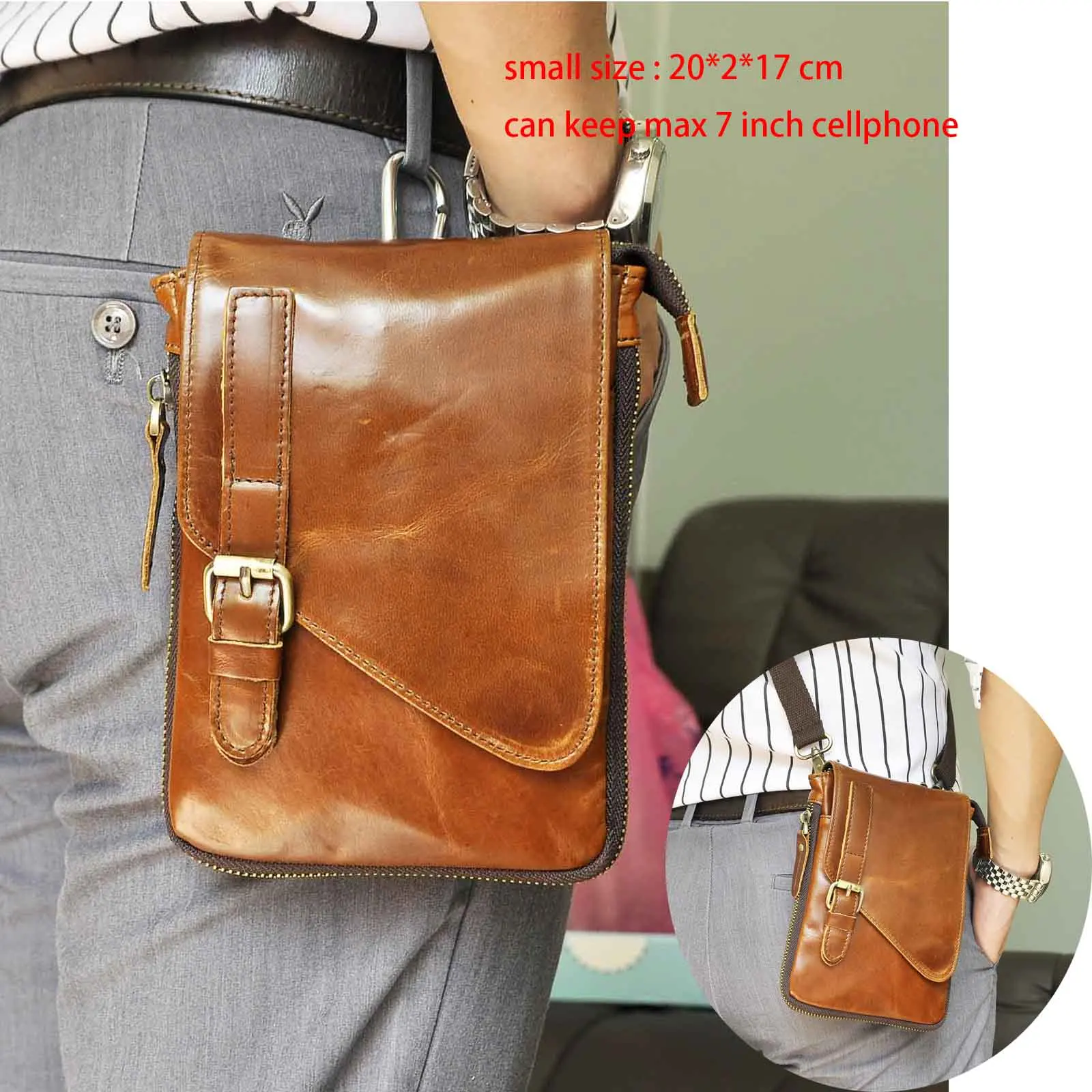 small-light brown Модная качественная мужская повседневная многофункциональная сумка-мессенджер из натуральной кожи, сумка на плечо для планшета, сумка на пояс, мужская сумка 611-6-d - Цвет: small-light brown