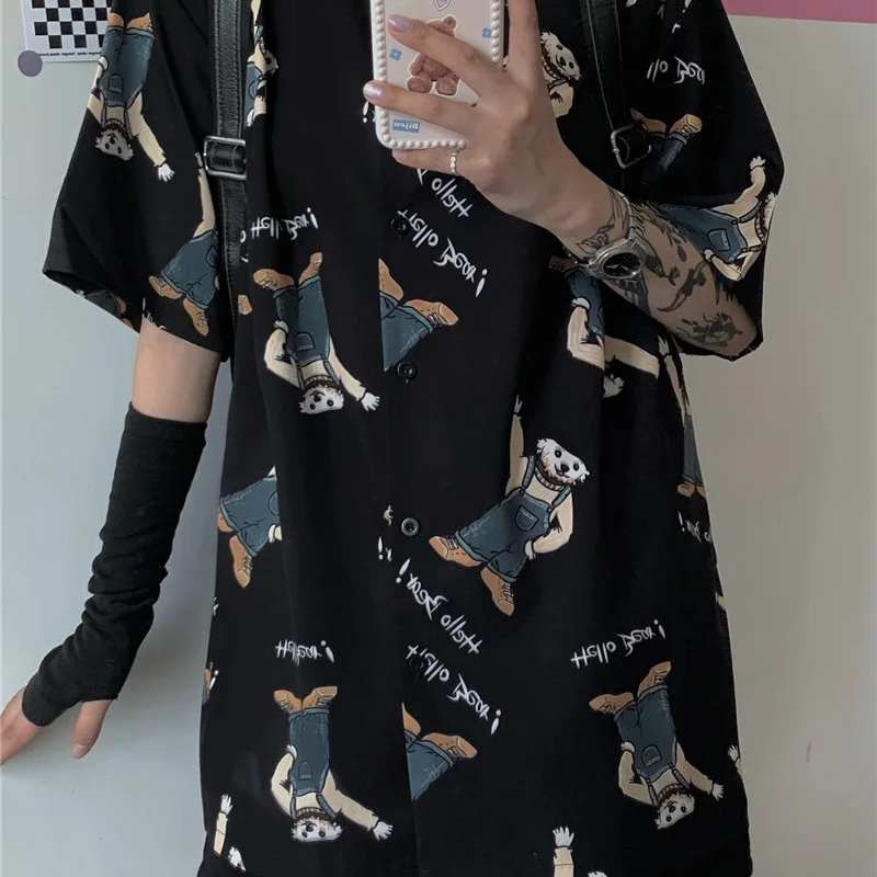 

Summer Shirts for Women Korean New Clothing Cartoon Bear Letter Print Vintage Tops Half Sleeve Straight Plus Size Blouses