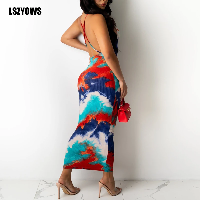 

Ribbed Spaghetti Strap Bodycon Dress Women Sleeveless Tie Dye Print Summer Dress Sexy Backless Long Club Party Dresses Vestidos