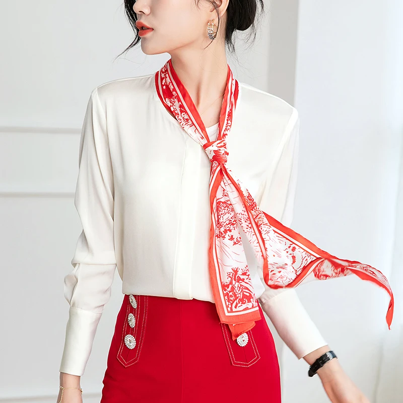 

Женская Офисная рубашка с воротником-стойкой, элегантная белая свободная однотонная блузка из натурального шелка с бантом и длинным рукаво...