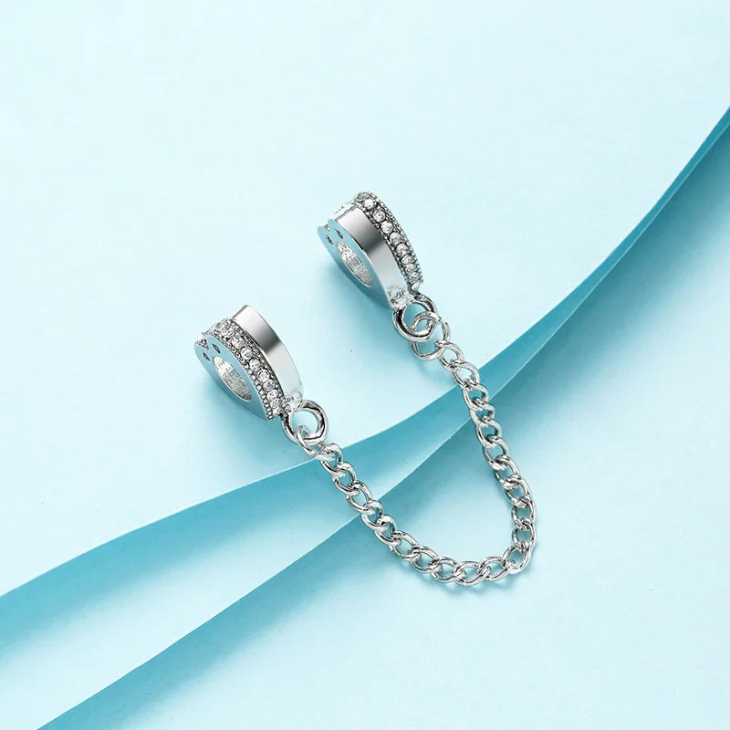 

Alloy Sparkling Clear Sparkle Flower Safety Chain Charm Bead Fit Original European Brand Bracelet Pendant DIY Jewelry For Women