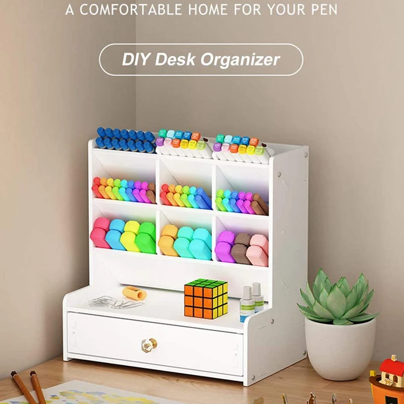

White Desk Organizer, DIY Pen Holder Box, Desktop Stationary Storage Rack for School Home Office