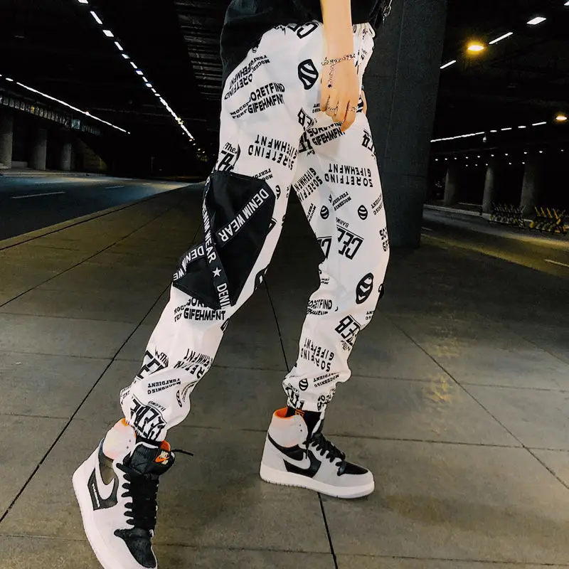 Pantalones de carga empalmados con letras de cintura alta para mujer holgados Harajuku BF pantalones largos hasta el tobillo talla grande Hip Hop para mujer deportes pantalón