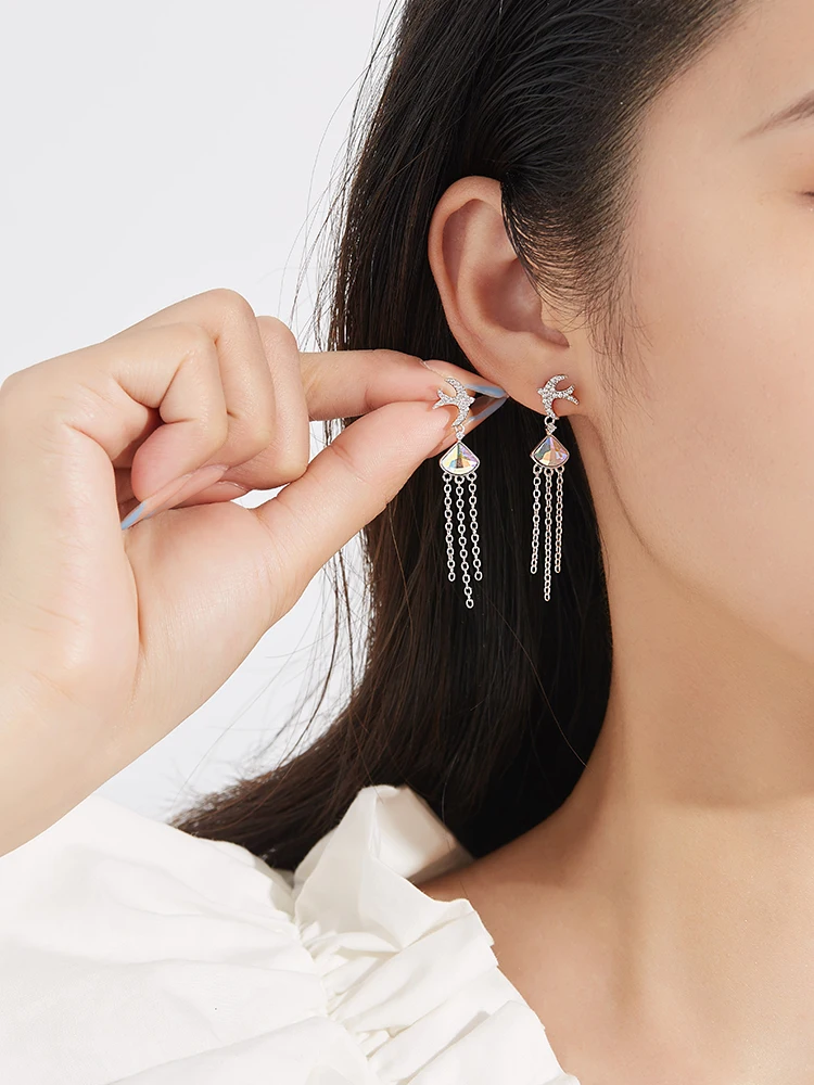 

SILVERHOO S925 Sterling Silver Cute Swallow Drop Earrings For Women Colorful Austria Crystal Classic Party Animal Earrings