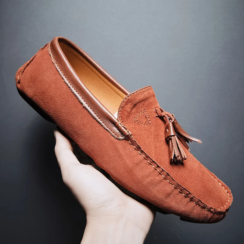 Genuine Leather Men's Loafers Quality Suede Tassel Moccasins Men Breathable Slip On Boat Shoe Male Penny Large Size | Обувь