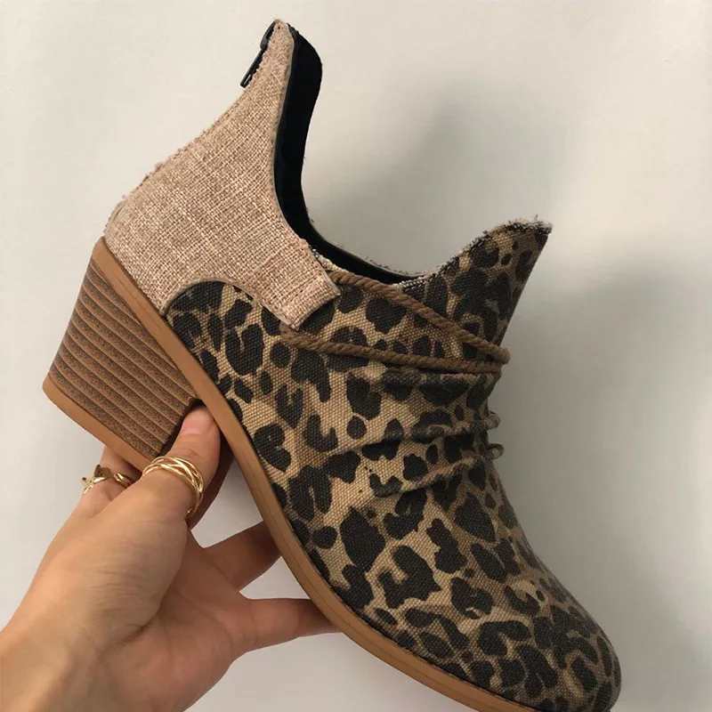 

Women's shoes autumn fashion leopard canvas shallow ankle boots new casual ladies zipper mid-heel pointed toe outdoor flat shoes