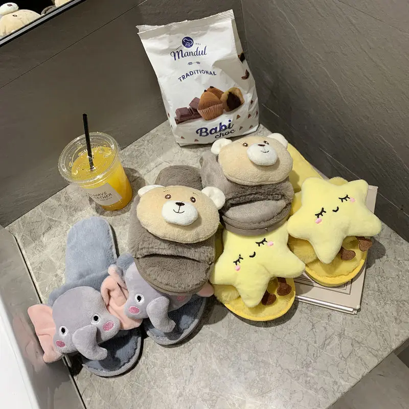 

2021 New Fashion Cartoon Kawaii Fluffy Slippers Women Furry Fur Slippers Summer Winter Home Slippers Ladies Flat Shoes
