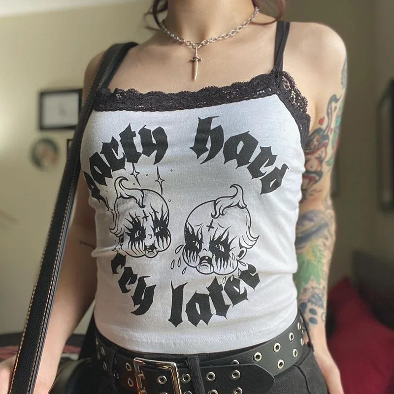 E-girl Gothic Grunge Print Cami Top Women Black Lace Trim Mini Vest y2k Harajuku Spaghetti Strap Crop Punk Emo Alt Clothes 