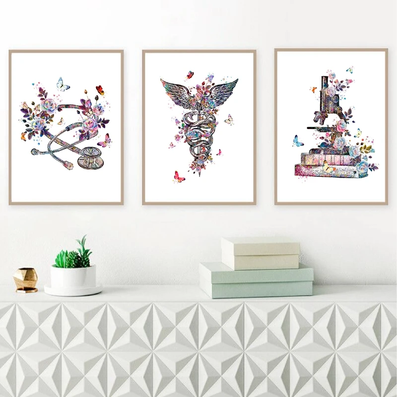

Physician Gift Medical Device Watercolor Art Painting Canvas Print Caduceus Stethoscope Microscope Poster Clinic Wall Art Decor