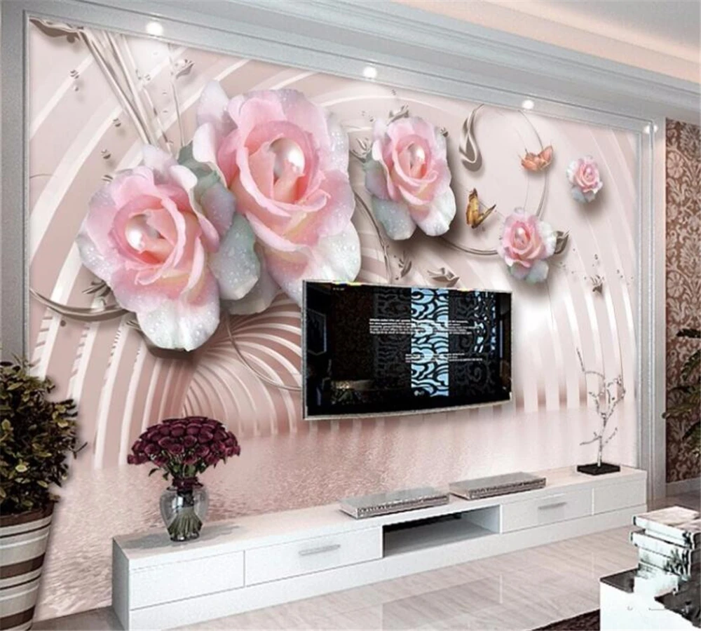 beibehang HD custom 3D wallpaper mural photo fashion crystal pearl rose butterfly romantic European home TV background wall |