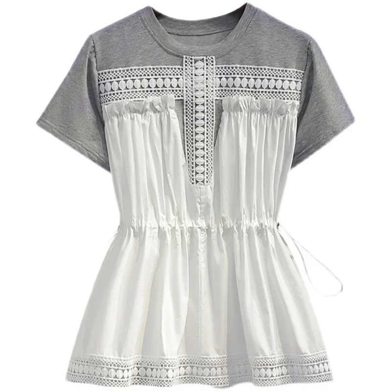 

Plus Size Women's Clothing Summer New Fashion Loose Lace Stitching Short Sleeved Round Neck Drawstring Oversized T-Shirt Tops