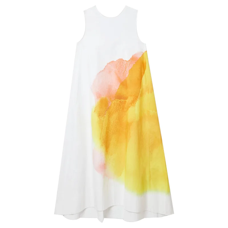 

Women Ink Printing Dress Sleeveless Loose Irregular O-neck Simple Ladies Mid-Calf Dresses with Pockets 2020 Summer