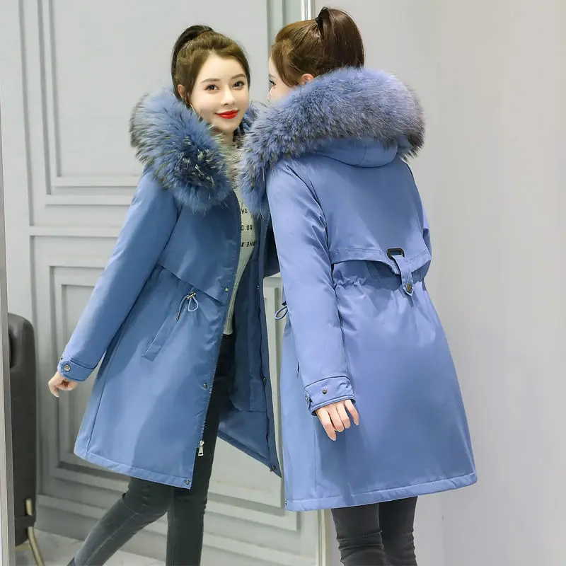 

Send over women's medium and long Korean version thick large wool collar cotton suit with waist