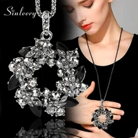 sinleery luxury vintage black cubic zircon flower pendant long necklace for women black snake chain high quality zd1 ssa
