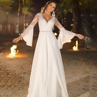 ivory boho wedding dresses vestido de noiva 2022 summer wedding gowns lace v neck back chiffon beach bride dress flare sleeve