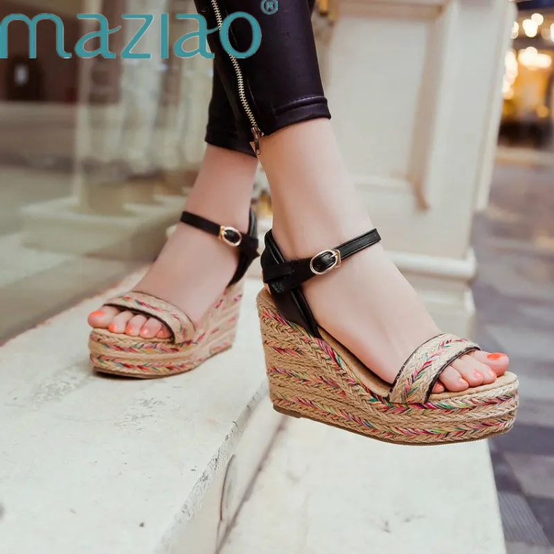 Женские сандалии на танкетке с ремешком щиколотке пляжные платформе в богемном