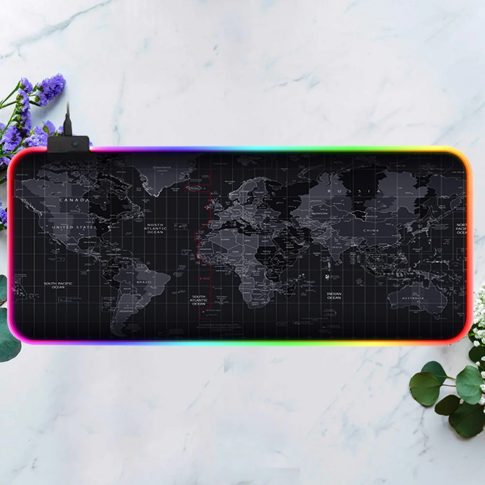 

Map Pattern RGB Edge Keyboard Mat Luminous Gaming Pad Anti-slip Keyboard Pad for Home Office (Black)