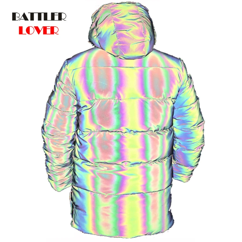 

Colorful Rainbow Reflective Winter Overcoats For Men Waterproof Reflecting Glow Hooded Parka Male Warm Padded Coat DropShipping