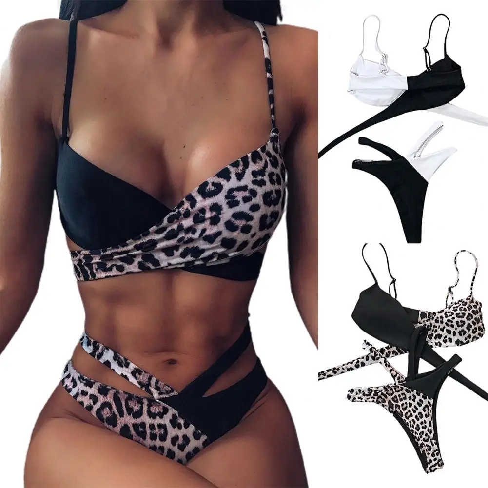 

Leopard Print Padded Two Pieces Cross Band High Waist Swimsuit Bikini Set for Summer swimwear women 2021 two pieces