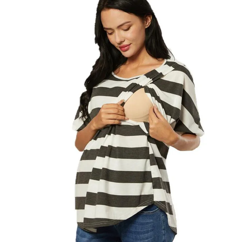 

Striped Ruffles Breastfeeding Women's Nursing Maternity Short Sleeves Sweatshirts Pregnancy Layered Tops For Pregnant Women 2021
