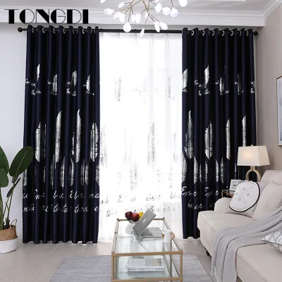 

TONGDI Children Blackout Curtain Printing Modern Elegant Silver Golden Leaves Luxury Decor For Home Parlour Bedroom Living Room