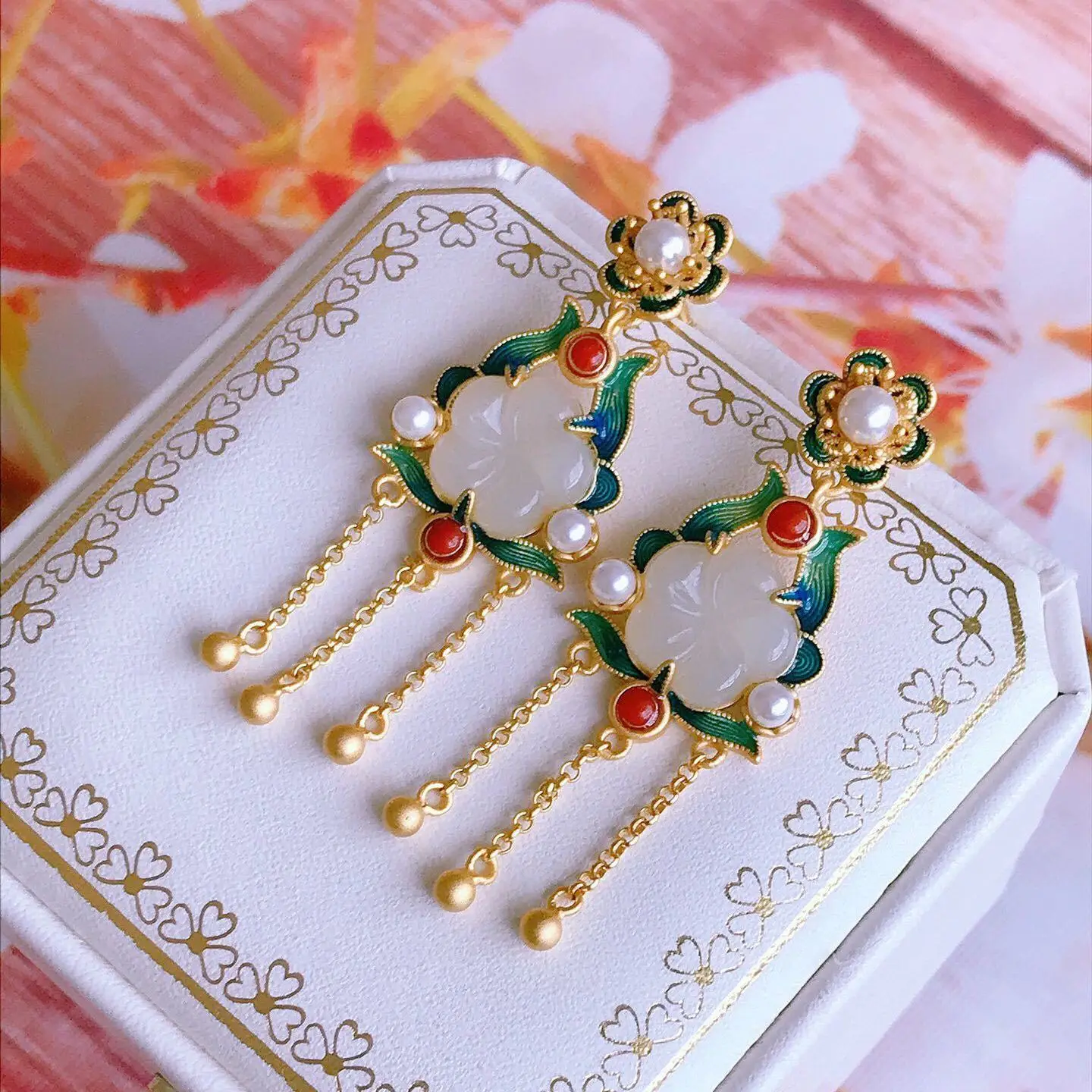 

Antique Eardrops Long Fringe Earrings Hetian Jade Vintage Chinese Style Sterling Silver Gilding Burnt Blue Little Flower Earring
