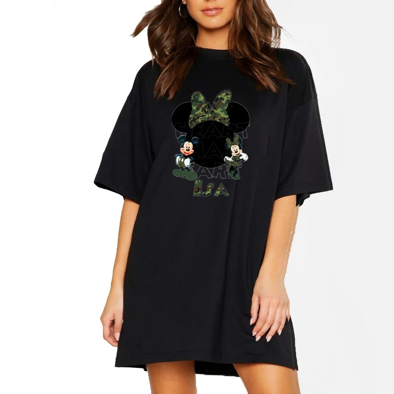 

Summer Tshirt Dresses Casual Lady Army Green Mickey Cartoon Mini Dress Short Sleeve Casual Loose White Harajuku Robes Vestido