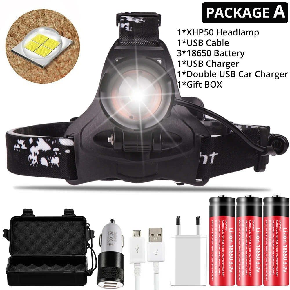 Package A Супер яркий светодиодный налобный фонарь Xlamp xhp50 Мощный USB светодиодный налобный фонарь 3*18650 фонарик - Испускаемый цвет: Package A