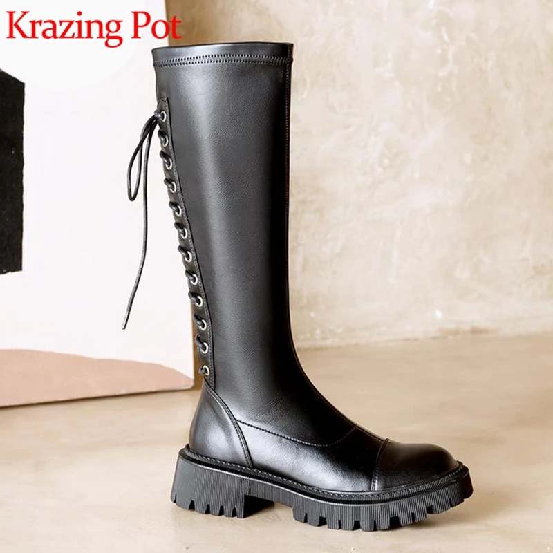 

Krazing Pot hot real cow leather winter warm riding boots rivets round toe preppy style med heels stovepipe thigh high boots l28
